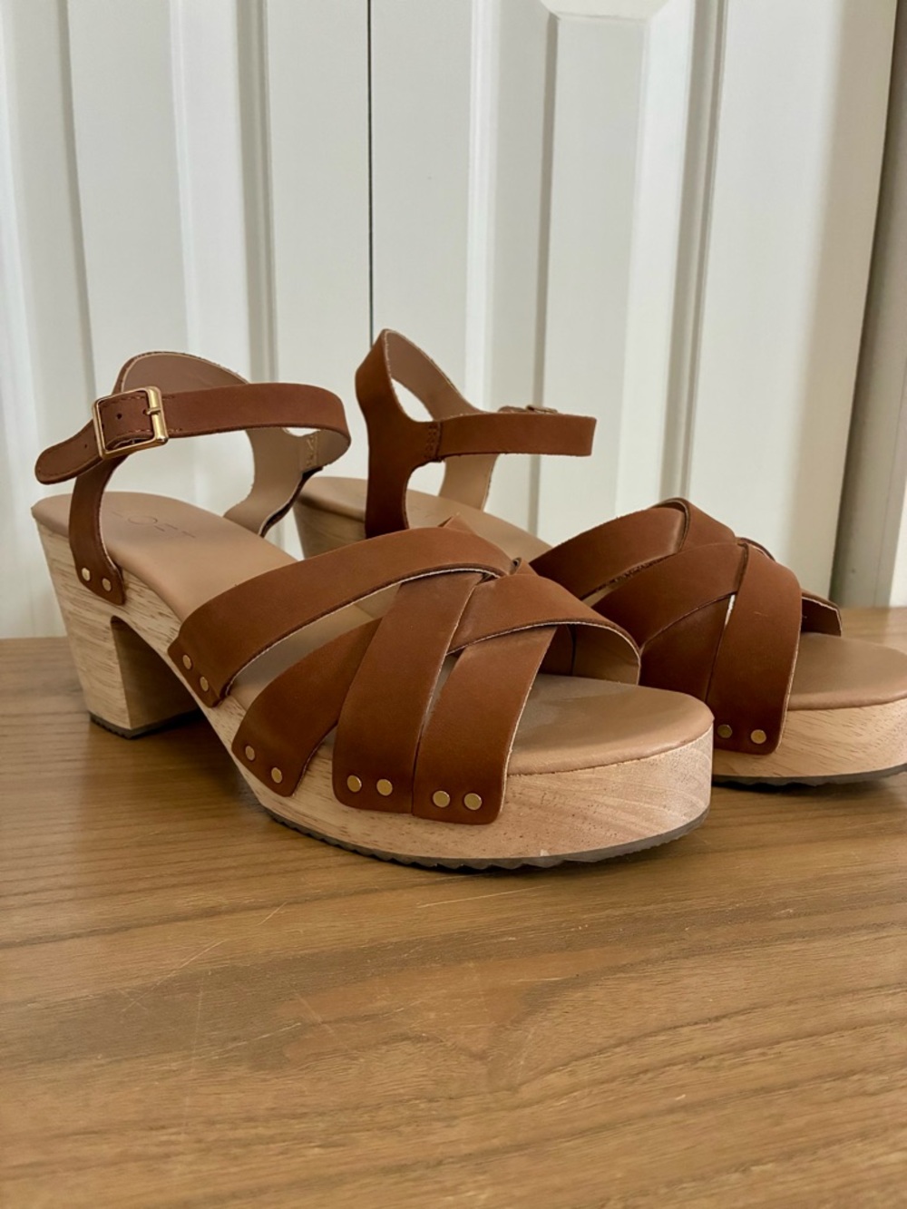 LOFT Tan Brown Leather Platform Clog Sandals
